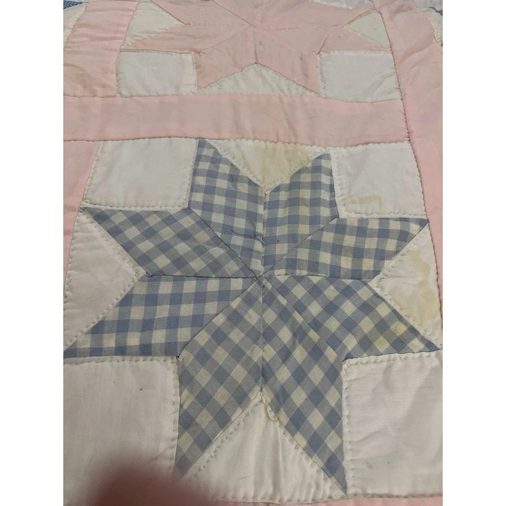 Vintage Eight Point Star Handmaid Pieced Hand Quilted Blue & Pink Patchwork